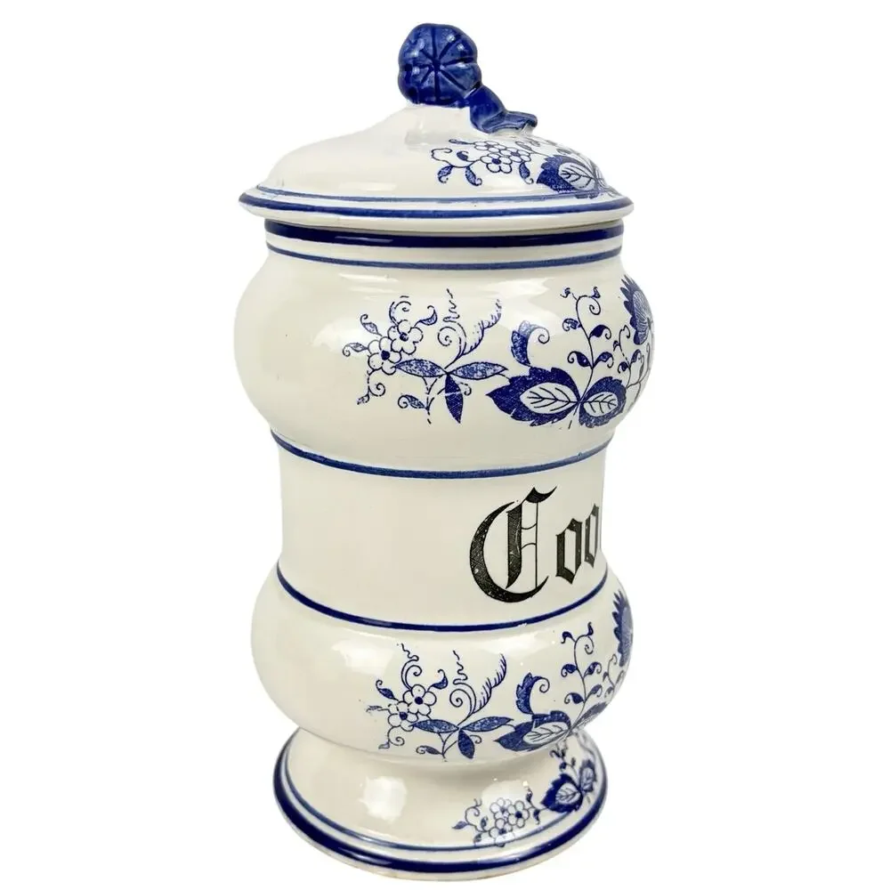 VTG Arnart Blue Onion Danube Ceramic Cookie Canister Jar w/Lid White Floral Blue